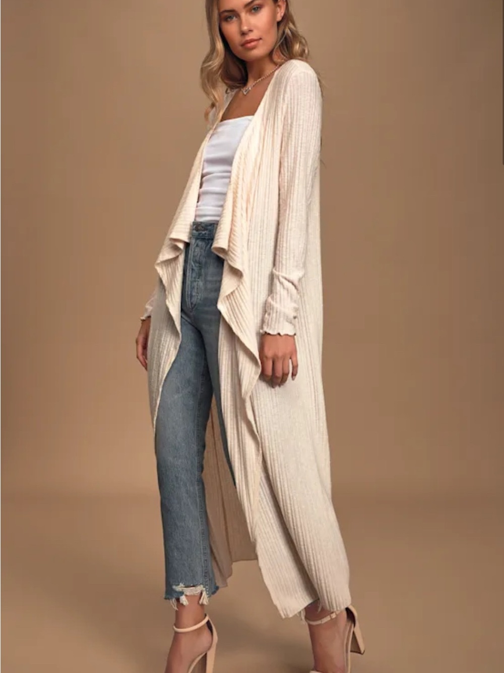 Lulu's Cream Long Open-Front Ribbed Duster Cardigan - Picture 2 of 7